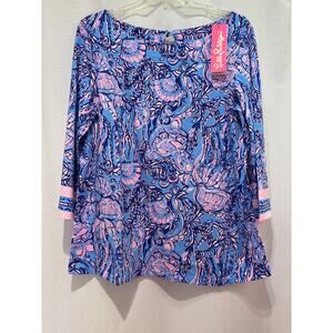 LILLY PULITZER NWT Waverly Top 3/4 Sleeve Lapis Lazuli Horseshoe Bay L
